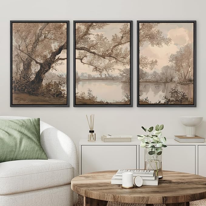 wall26 Framed Print Wall Art Set Sepia Watercolor Lakeside Tree Landscape Decorative Minimal Relax/Zen for Living Room, Bedroom, Office - 16"x24"x3 BLACK
