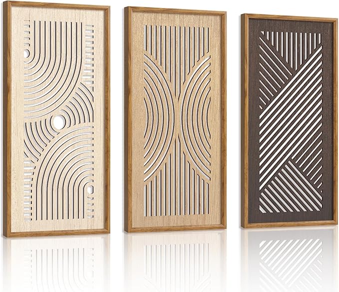 HPNIUB 3 PCS Boho Wall Decor, Minimalist Mid Century Abstract Geometric Line Carved Hanging Wood Sign for Living Room, 8x16Inch Modern Wooden Plaque Wall Art for Bedroom Office Apartment Decoration