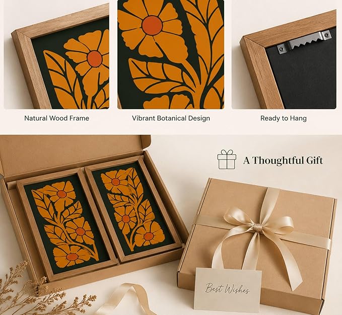pechpell 2pcs Mid Century Modern Wall Decor, 15.7x7.9in Wooden Floral Mcm Abstract Wall Art, Orange Flower Prints Pictures Rustic Bedroom Bathroom Living Room Gallery Decorations For Home