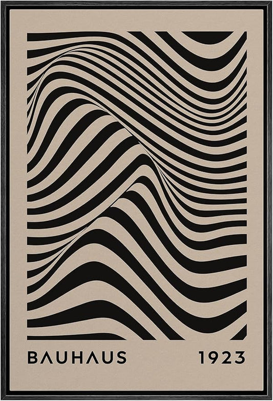 MUDECOR Framed Canvas Print Wall Art Mid-Century Bauhaus Black Stripe Illusion Shapes Abstract Illustrations Modern Art Minimal Multicolor Relax/Calm for Living Room, Bedroom, Office - 24"x36" Black