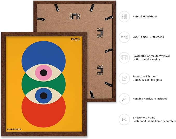 Poster Master Bauhaus Poster - Abstract Eyes Print - Graphic Design Art - Eye Art - Geometric Art - Chic Boho Art - Mid Century Modern Art - Living Room or Bedroom Wall Decor - 11x14 Brown Framed