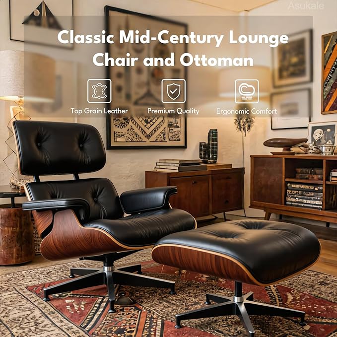 Top Black Grain Leather, Mid Century Chaise Lounge Chair and Ottoman, Accent Chair, Modern Chair, Classic Design, Heavy Duty Base Support for Living Room Lounge Office, Palisander, Heightening