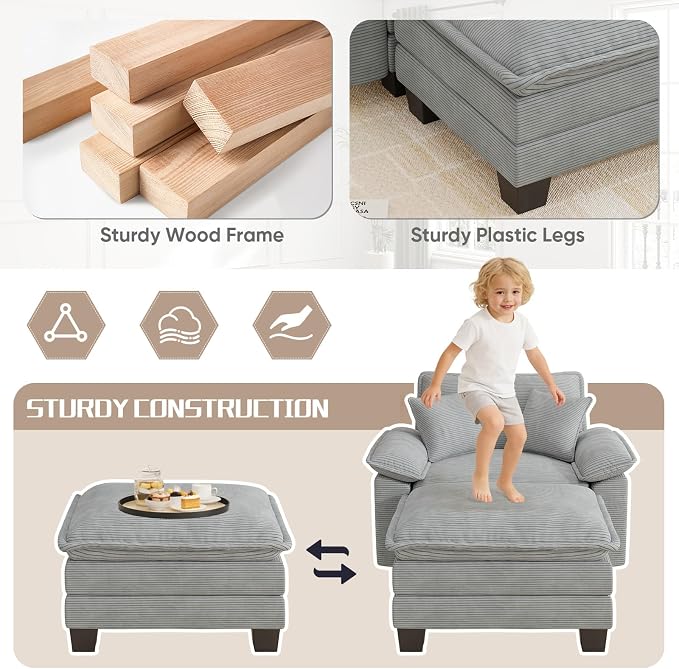 Chaise Lounge Chair Indoor, Oversized Accent Chairs with Ottoman, Luxury Corduroy Upholstered Deep Seat Sleeper Sofa Reading Chairs and A Half with Pillows for Living Room, Bedroom, Apartment, Grey