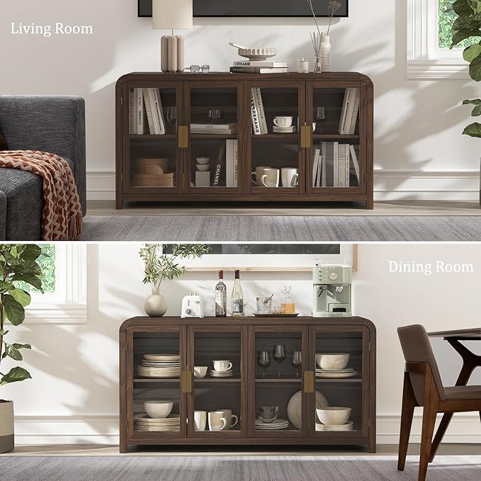 Oak&Sparrow Oak Sideboard Buffet Cabinet with Storage, 60'' Boho Buffets & Sideboards with Adjustable Shelves, Sideboard Cabinet with 4 Glass Doors for Living Room, Hallway & Kitchen