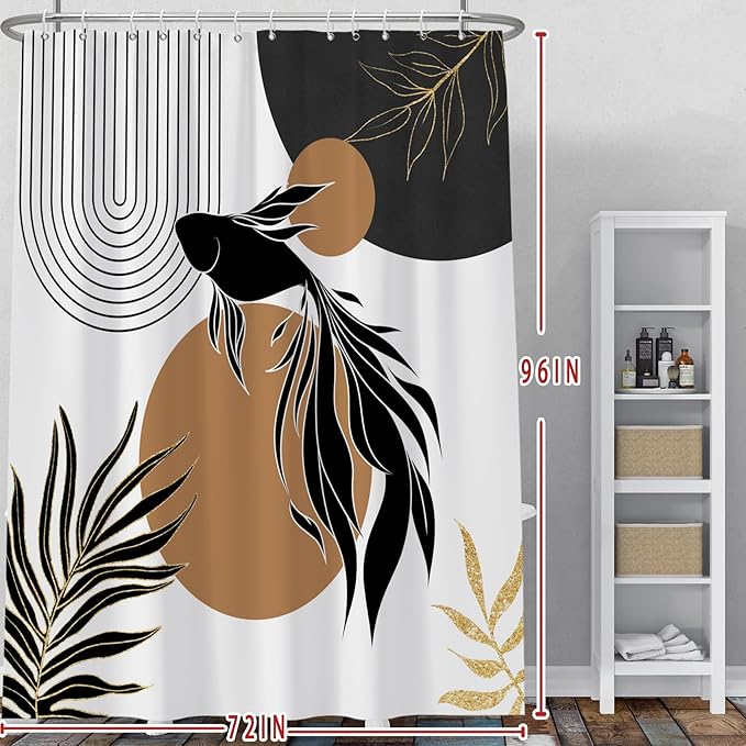 Baocicoo Boho Abstract Goldfish Shower Curtain Simple Geometric Line Aesthetic Minimalist Modern Neutral Shower Curtain for Bathroom Fabric Waterproof Durable Bath Curtain with Hooks 72x96 Inches