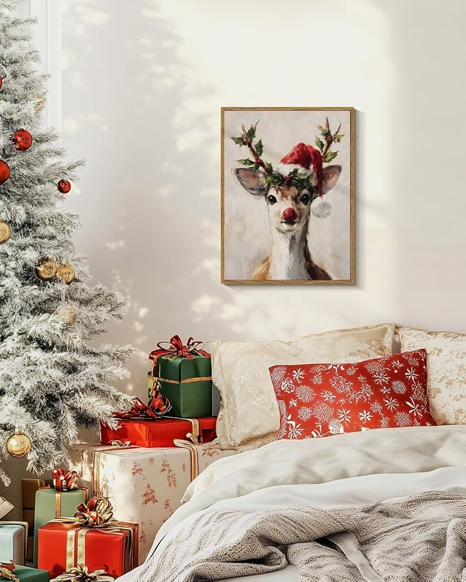 InSimSea Christmas Decor Framed Wall Art, Elk wearing a Santa hat Canvas Painting, elegant Holiday decor Unique Christmas Gifts For Table Wall Farmhouse Mantel Home Office 16L x 12W