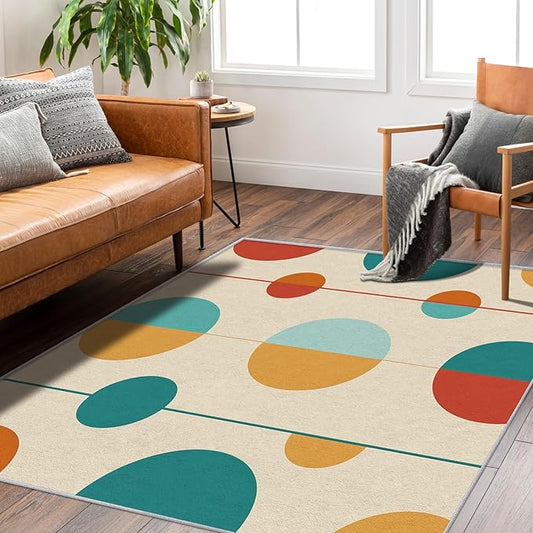 Mid Century Modern Rugs for Bedroom - Washable Colorful Retro Rugs for Living Room - 7x9 ft - Geometric Design Area Rug & Home Decor - Abstract MCM Indoor Carpet with Non Slip Backing
