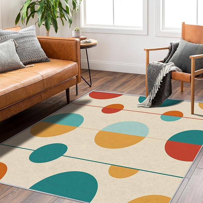 Mid Century Modern Rugs for Bedroom - Washable Colorful Retro Rugs for Living Room - 5x8 ft - Geometric Design Area Rug & Home Decor - Abstract MCM Indoor Carpet with Non Slip Backing