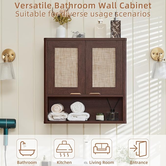 LEYAOYAO Rattan Bathroom Wall Cabinet, Boho Medicine Cabinet with Adjustable Shelf & Doors, Over The Toilet Storage Cabinets Organizer for Laundry Room, Kitchen, Living Room, Walnut