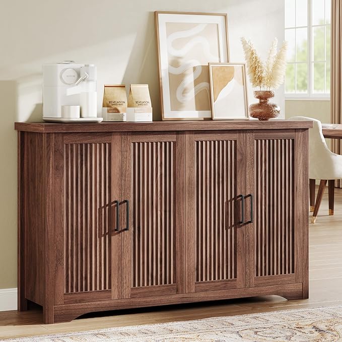 Memobarco Fluted Buffet Cabinet with Storage Accent Sideboard,Modern Credenza with 4 Doors & Adjustable Shelves,Wood Coffee Bar Table Console for Dining Room Kitchen Living Room Entryway, Walnut