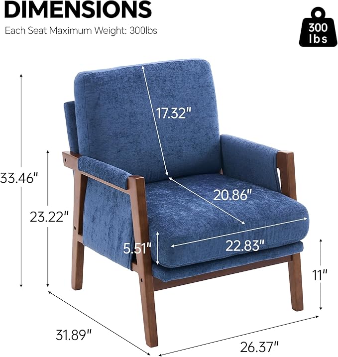 Mid Century Modern Accent Chair with Wood Frame, Upholstered Living Room Chairs with Wide Armrest, Chenille Fabric Comfy Arm Chair for Bedroom, Reading Room, Balcony, Navy