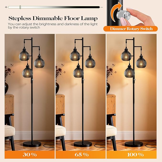 QiMH Modern Floor Lamps for Living Room, Standing Lamp with 3 Lights, 68" Tall Lamp for Bedroom, Grey Vintage Glass Lamp with Stepless Dimmable for Home Decor, 3 LED Bulb Included, Black