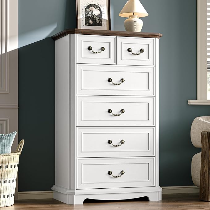 Farmhouse 6 Drawer Dresser for Bedroom, Tall Rustic Chest of Drawers with Metal Handle, Wood Vintage Storage Tower Cabinet, Wooden Closet Storage Dressers Organizer for Living Room, Hallway, White