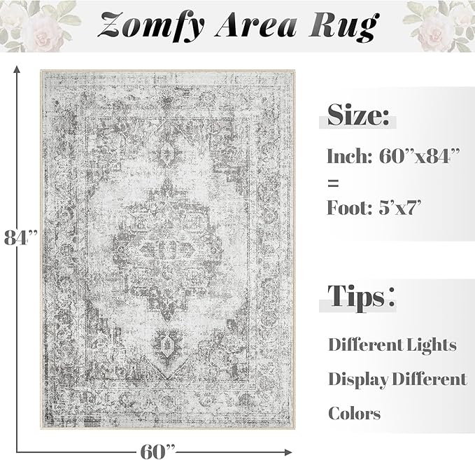 Area Rug 5x7 Vintage Rugs: Washable Indoor Medallion Rug Low Pile Distressed Floor Carpet Retro Accent Rugs for Living Room Bedroom Kitchen Dining Table Home Office(Grey, 5'x7')