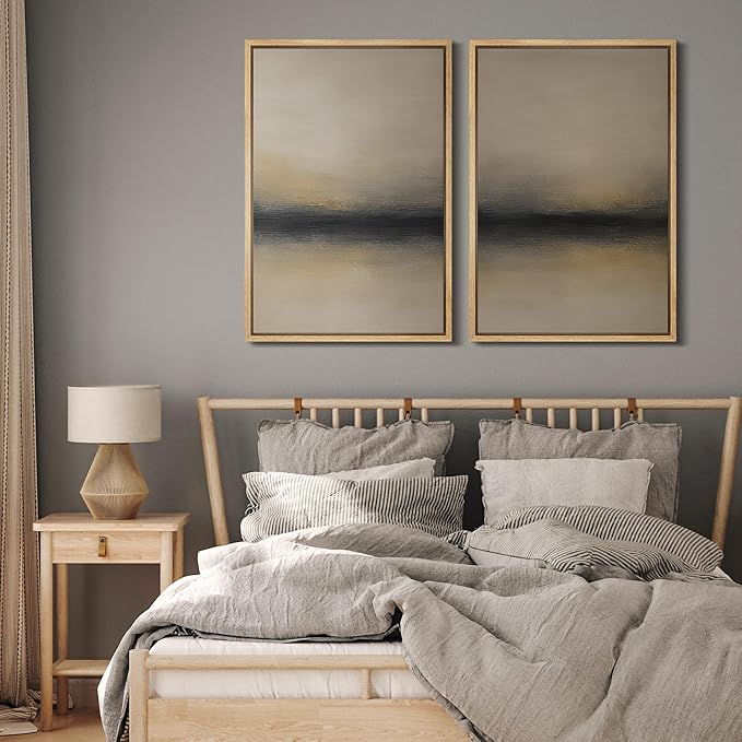 MUDECOR Framed Canvas Print Wall Art Abstract Sunset Horizon Modern Minimalist Beige and Black Illustrations Modern Art Decorative Bohemian for Living Room, Bedroom, Office - 16"x24"x2 Natural