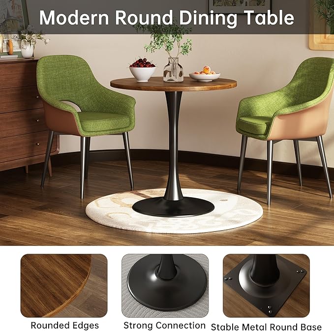 Round Dining Table 24" Circle Tulip Table with Wood Thickened Tabletop & Sturdy Metal Pedestal Mid Century Modern Farmhouse Kitchen Tables 2 People Small Places Living Room Cafe,Somber Walnut