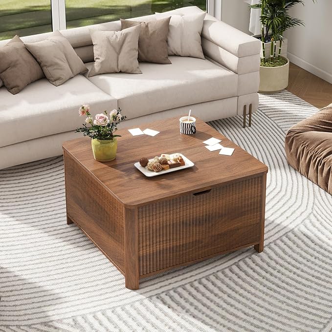 LYNCOHOME 31.5" Fluted Lift Top Coffee Table with Storage, Square Coffee Tables for Living Room, Coffee Table with Large Hidden Storage Compartment and Adjustable Shelves，Walnut