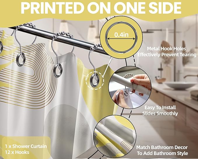 Mustard Yellow and Grey Shower Curtain Light Yellow and Gray White Shower Curtains for Bathroom Decor Abstract MCM Bath Curtain Set, Waterproof Fabric with Hooks 60 x 72 Inch