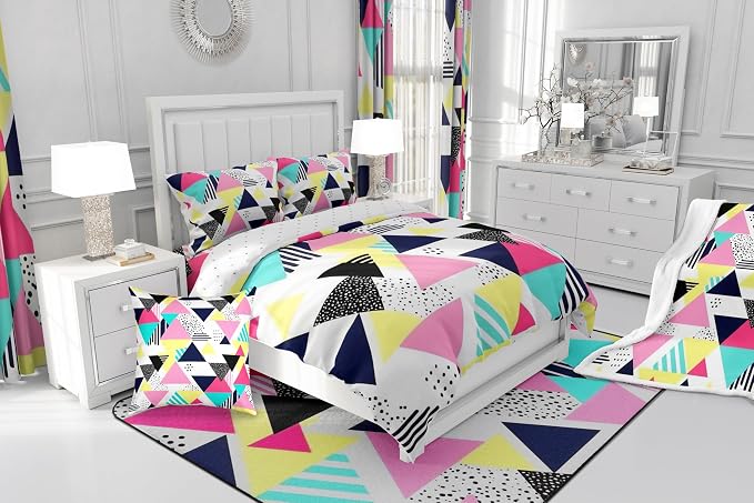 80s 90S Fashion Style Bedding Set Queen Size,Retro Memphis Style Pattern with Geometrical Shapes Duvet Cover for Kids Child,Funky Hipster Old Fashioned Comforter Cover Geometric Bedroom Decor