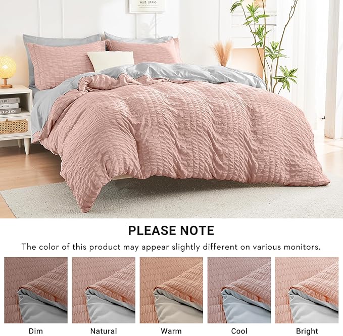 HYMOKEGE Rose Gold/Light Grey Twin XL Comforter Set Seersucker 5 Pieces, All Season Luxury Bed in a Bag for Bedroom, Bedding Set with Comforter, Sheets, Pillowcase & Sham