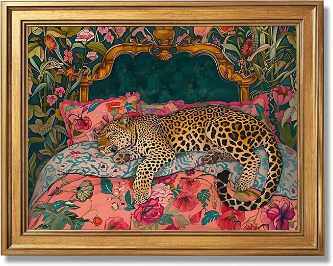 Gold Framed Sleeping Leopard Wall Art Luxury Jungle Colorful Cheetah Animal Poster Retro Maximalist Tropical Floral Pink Dopamine Canvas Print Aesthetic for Bedroom Home Decor 20x30inch