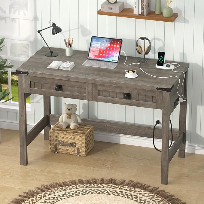 YOMILUVE Farmhouse Computer Desk with 2 Drawers, 39 Inch Small Computer Desk with Power Outlets, Home Office Desk Compact Writing Study Table for Small Spaces, Grey