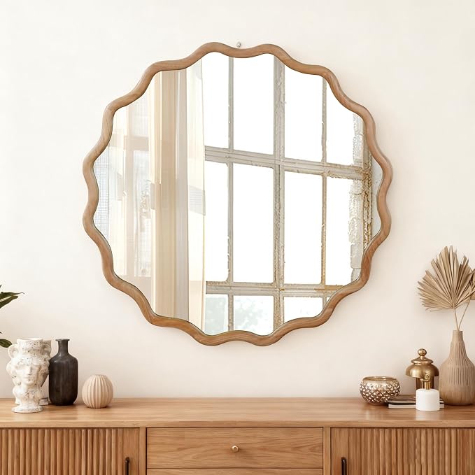30 Inch Wooden Wavy Round Wall Mirror, Modern Solid Wood Frame Circle Decorative Accent Mirror for Bedroom, Bathroom, Living Room, Entryway, Natural Wood Color