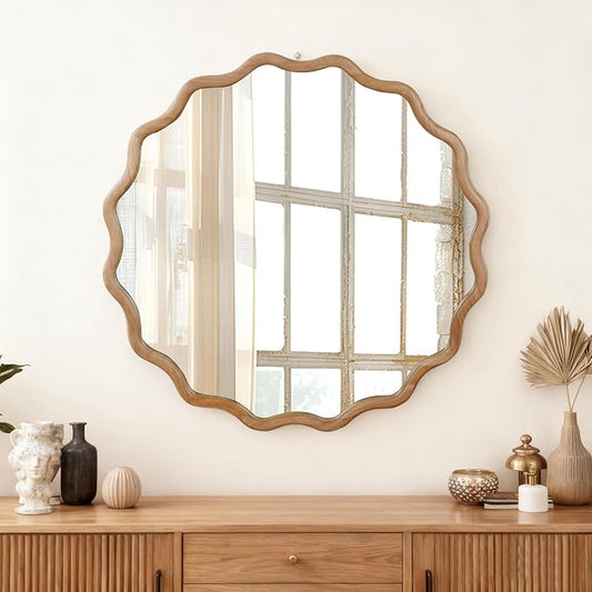 30 Inch Wooden Wavy Round Wall Mirror, Modern Solid Wood Frame Circle Decorative Accent Mirror for Bedroom, Bathroom, Living Room, Entryway, Natural Wood Color