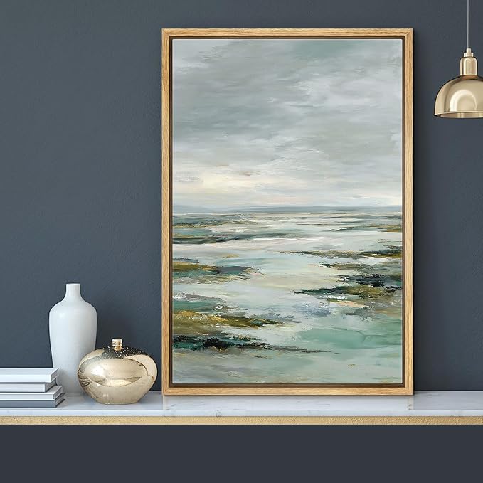 MUDECOR Framed Canvas Print Wall Art Serene Coastal Landscape Abstract Ocean Illustrations Minimalism Decorative Bohemian Colorful Zen for Living Room, Bedroom, Office - 24"x36" NATURAL