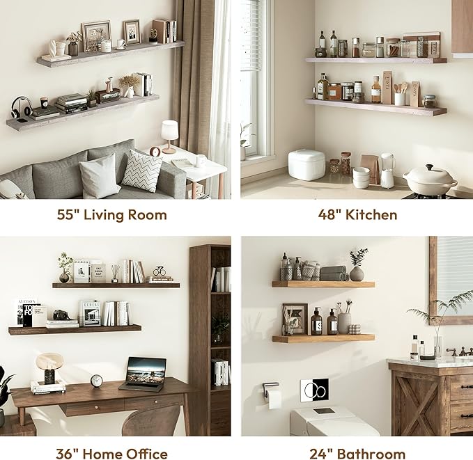 Vivelove Elm Floating Shelves for Wall Solid Wood, 24 Inches Long Rustic Wall Shelf With Invisible Bracket for Living Room Bedroom Bathroom Office Book, Farmhouse Display Shelf, Set of 2 - Dark Walnut