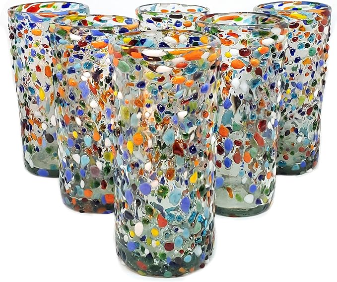 Confetti Rocks 20 oz Tall Iced Tea Glasses (set of 6) Mexican Handmade Multicolor Glassware, Recycled Glass, Lead-free, Toxin-Free (Tall Iced Tea)