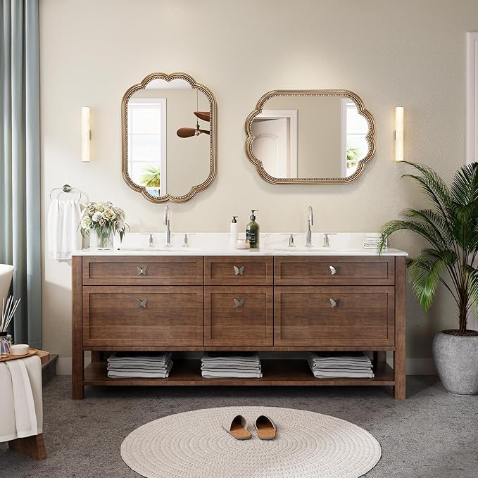 Scalloped Gold Mirror, 23" x 35" Gold Beaded Mirror Vanity, Antique Brass Oval Wooden Large Flower Mirror for Over Sink, Bathroom, Bedroom, Living Room, Fireplace, Entryway