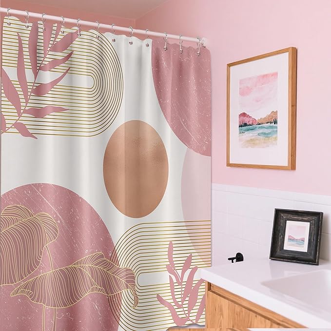 Blush Pink Shower Curtain Light Pink and White Shower Curtains for Bathroom Decor Abstract MCM Bath Curtain Set, Waterproof Fabric with Hooks 70 x 72 Inch
