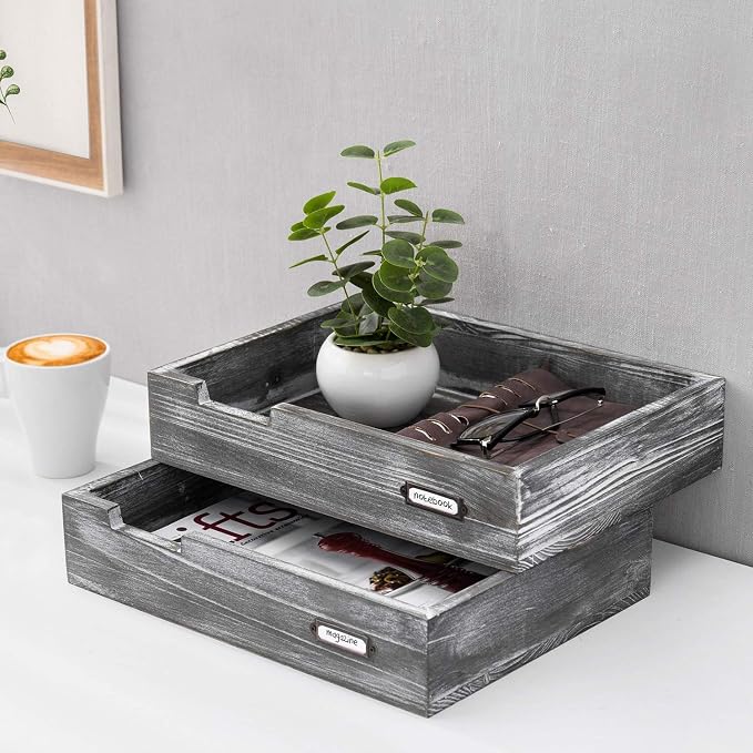 MyGift Ash Gray Wood Office Desktop Document Letter Paper Trays, Stackable Decorative Multipurpose File Organizer, Set of 2