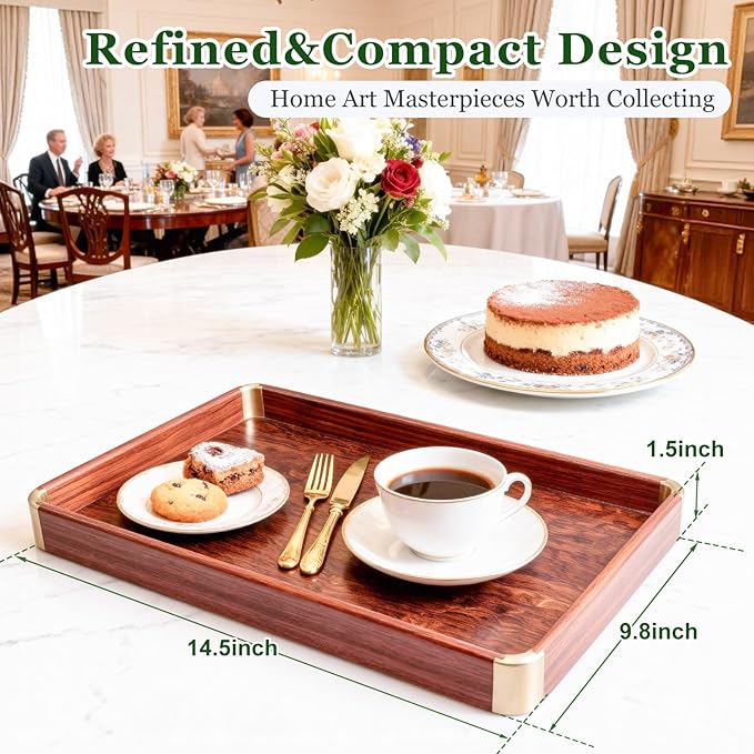 Bubinga Wood Serving Tray, 14.5"x9.8" Decorative Tray with Brass Corners, Luxury Home Decor for Coffee Table, Kitchen & Living Room, Housewarming Gifts for New Home, Wedding & Bridal Shower Gift