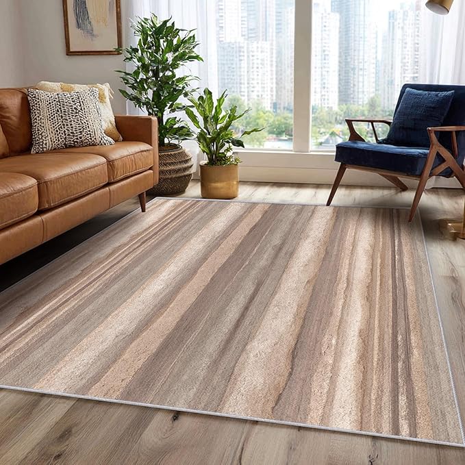 Natural Stripe Rustic Area Rug, Beige Brown Pattern Carpet, Washable Non Slip Low Pile Soft Thin, Living Room Bedroom Dining Room Home Decor Mat 4x5ft