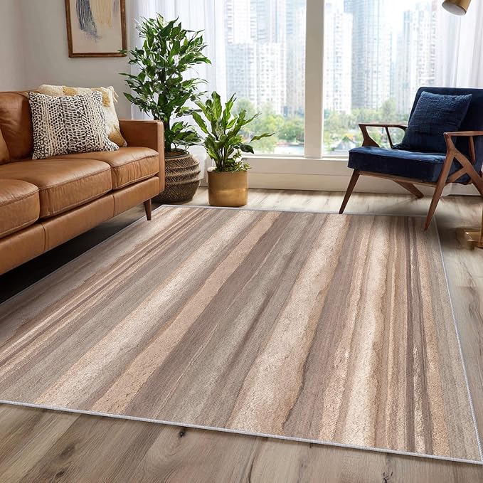 Natural Stripe Rustic Area Rug, Beige Brown Pattern Carpet, Washable Non Slip Low Pile Soft Thin, Living Room Bedroom Dining Room Home Decor Mat 4x6ft