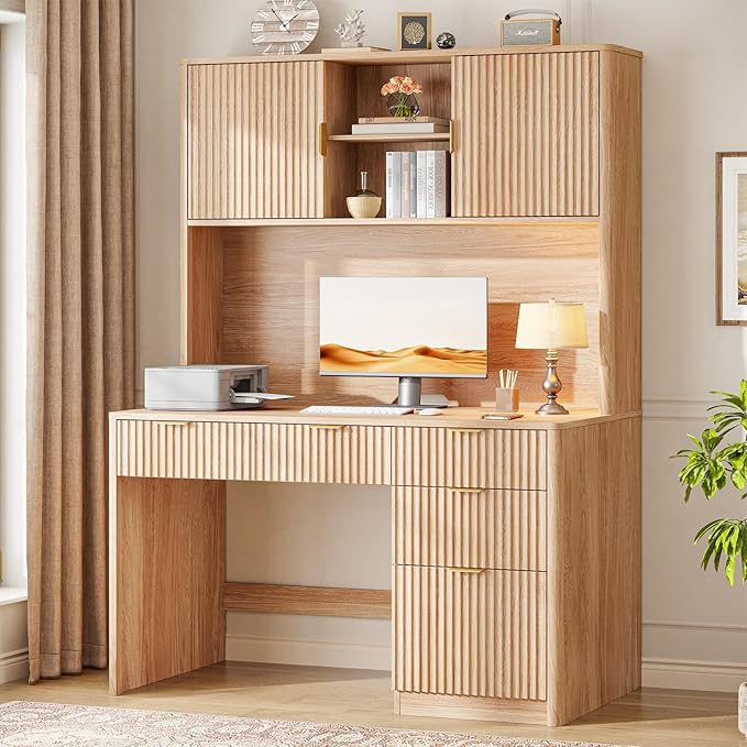Vabches 67" H Executive Desk with Fluted Drawers,4 Drawers Fluted Computer Desk,Wood Workstation with Hutch and Barn Doors for Work and Study,Oak