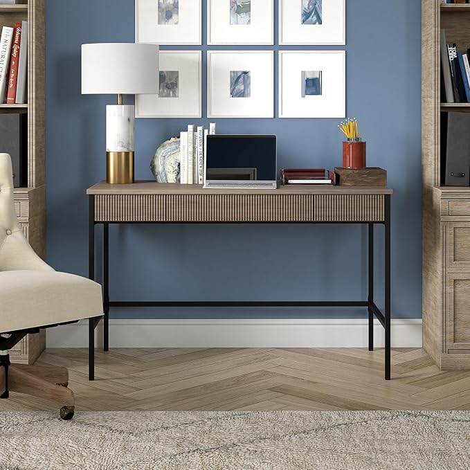 Henn&Hart 48" Fluted Mid-Century Modern Rectangular Wooden Home Office Desk Computer Desk Writing Table with 3 Ribbed Storage Drawers for Bedroom, Living Room, or Home Office, Weathered Gray