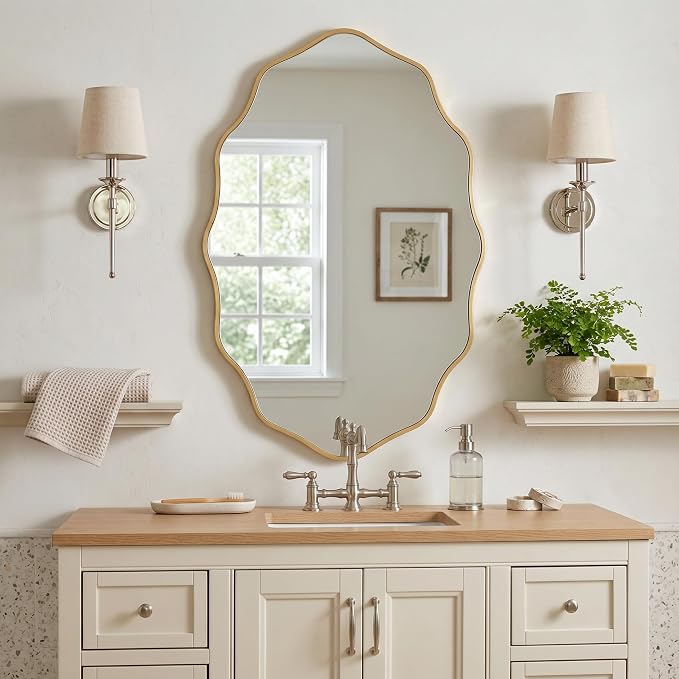 PERFNIQUE Gold Scalloped Mirror, 30''L×18''W Oval Wavy Wood Framed Mirror for Wall Decor, Hanging Leaning for Bathroom, Nursery, Entryway, Vanity, Living Room