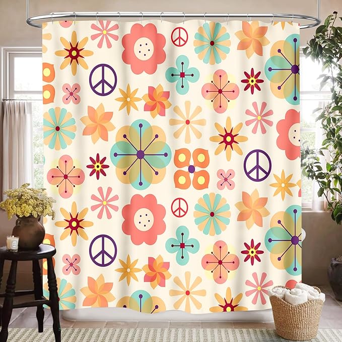 Hippie Floral Shower Curtain for Bathroom,Rustic Vintage 70s Floral Groovy Cute Flower Colorful Aesthetic Funky Trippy Waterproof Fabric Shower Curtain Set with Hooks, 72"x78"