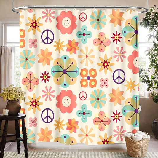 Hippie Floral Shower Curtain for Bathroom,Rustic Vintage 70s Floral Groovy Cute Flower Colorful Aesthetic Funky Trippy Waterproof Fabric Shower Curtain Set with Hooks, 72"x72"