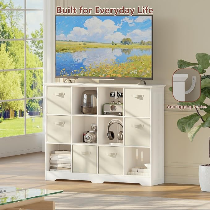 VORONOI 12 Cube Storage Organizer with 6 Fabric Drawers and Removable Shelves — Modular Cube Bookshelf for Bedroom, Living Room, or Home Office, Short Cube Bookcase for Toys, Decor,White