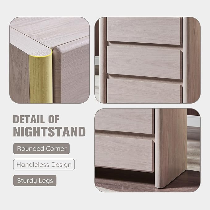 25" Tall Modern Nightstand Set of 2, 23.6" W Nightstand with Charging Station & 3 Storage Drawers & Open Shelf, Wood Night Stand w/Rounded Corner Design for Bedroom, Living Room (Cream)