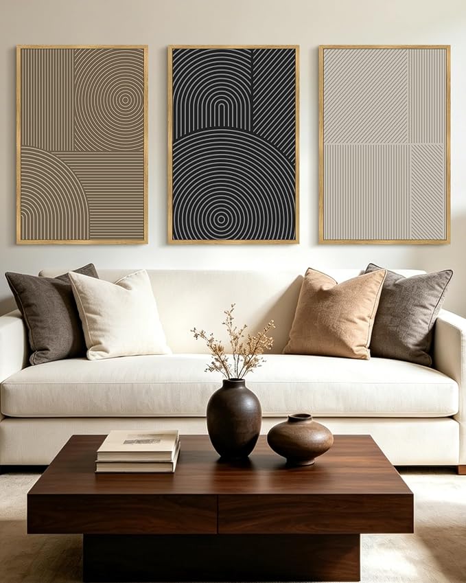 KUVIOKE Minimalist Abstract Boho Framed Wall Art Modern Mid-Century Bohemain Neutral Line Wall Decor Geometric Artwork Bedroom Decor 24x36in (Natural Framed)