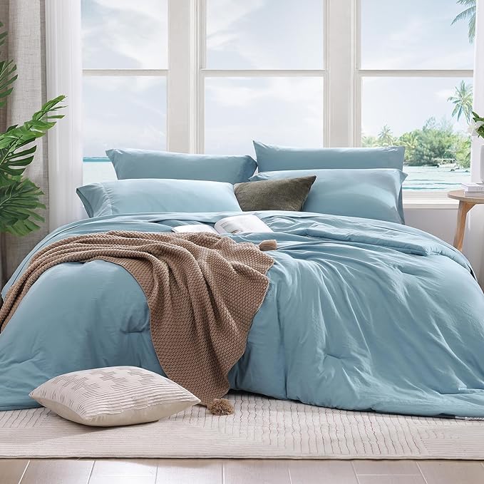 WRENSONGE Queen Comforter Set- 7 Pieces Soft Blue Bed in a Bag Queen with Fitted Sheet, Flat Sheet, 2 Pillow Shams, and 2 Pillowcases- Warm Bedding Sets for All Season