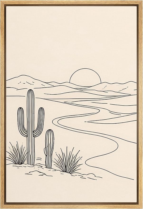 Woodrose Framed Canvas Print Wall Art Minimalist Desert Landscape Line Illustrations Modern Art Minimalist 3D Colorful Ultra for Living Room, Bedroom, Office - 16"x24" NATURAL