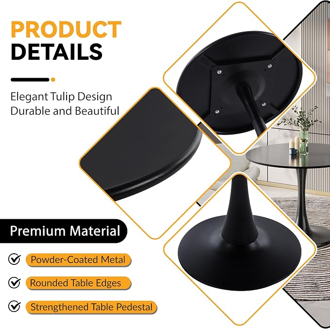 AF ARTISAN FURNITURE Black Round MDF-Metal Dining Table Set for 4, 31.5" Round Tulip Table Kitchen Dining Table with 4 PU Chairs for Office Living Room Small Space Patio Balcony