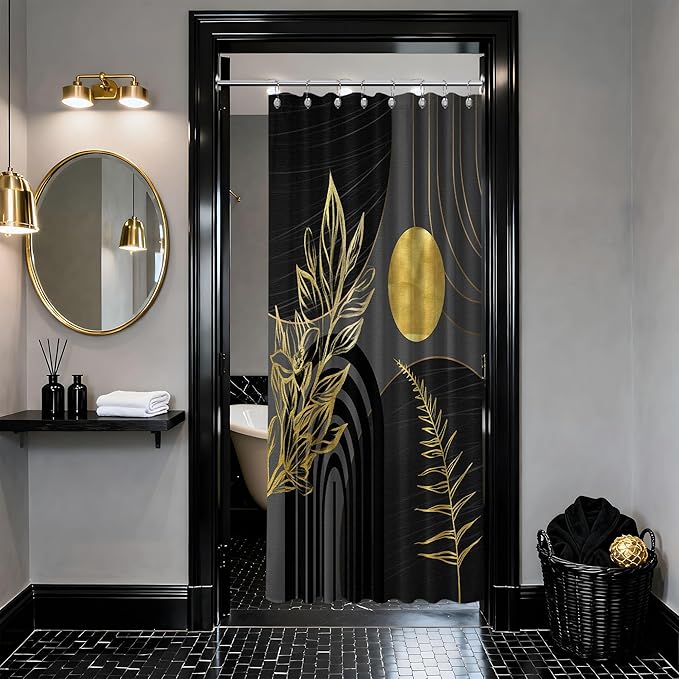 Black and Gold Shower Curtain Boho Mid Century Black and Dark Grey and Gold Shower Curtains for Bathroom Decor, Waterproof Cloth Fabric with Hooks, 48" W x 72" L