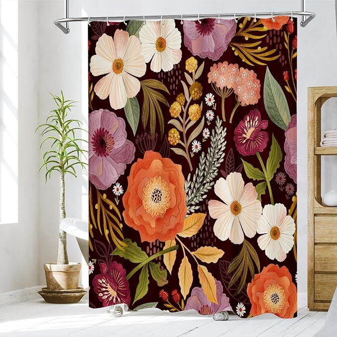 MitoVilla Small Stall Boho Shower Curtain 36 x 72, Modern Floral Narrow Half Size Vintage Shower Curtains for Luxury Bathroom Decor, Colorful Tropical Leaves Shower Curtain 36 inch